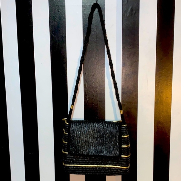 Vintage Handbags - Vintage Black/Gold Woven Straw Bag Purse Pocketbook Coastal Nautical Beach Bag